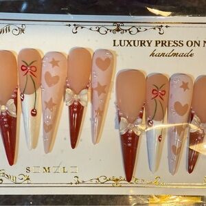 Luxury Handmade Press-On Nails - Red and Cream
